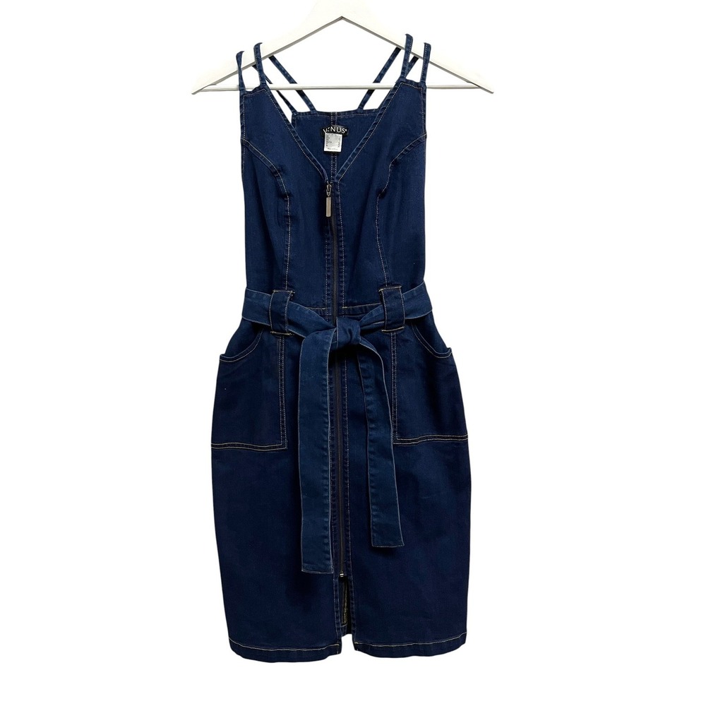 Venus Denim Dress Womens 2 Blue Zip Front‎ Belted Sheath Double Strap Utility